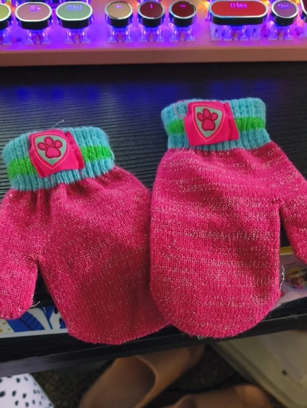 Girls' Paw Patrol Pink & Teal Striped Beanie + Mittens Set